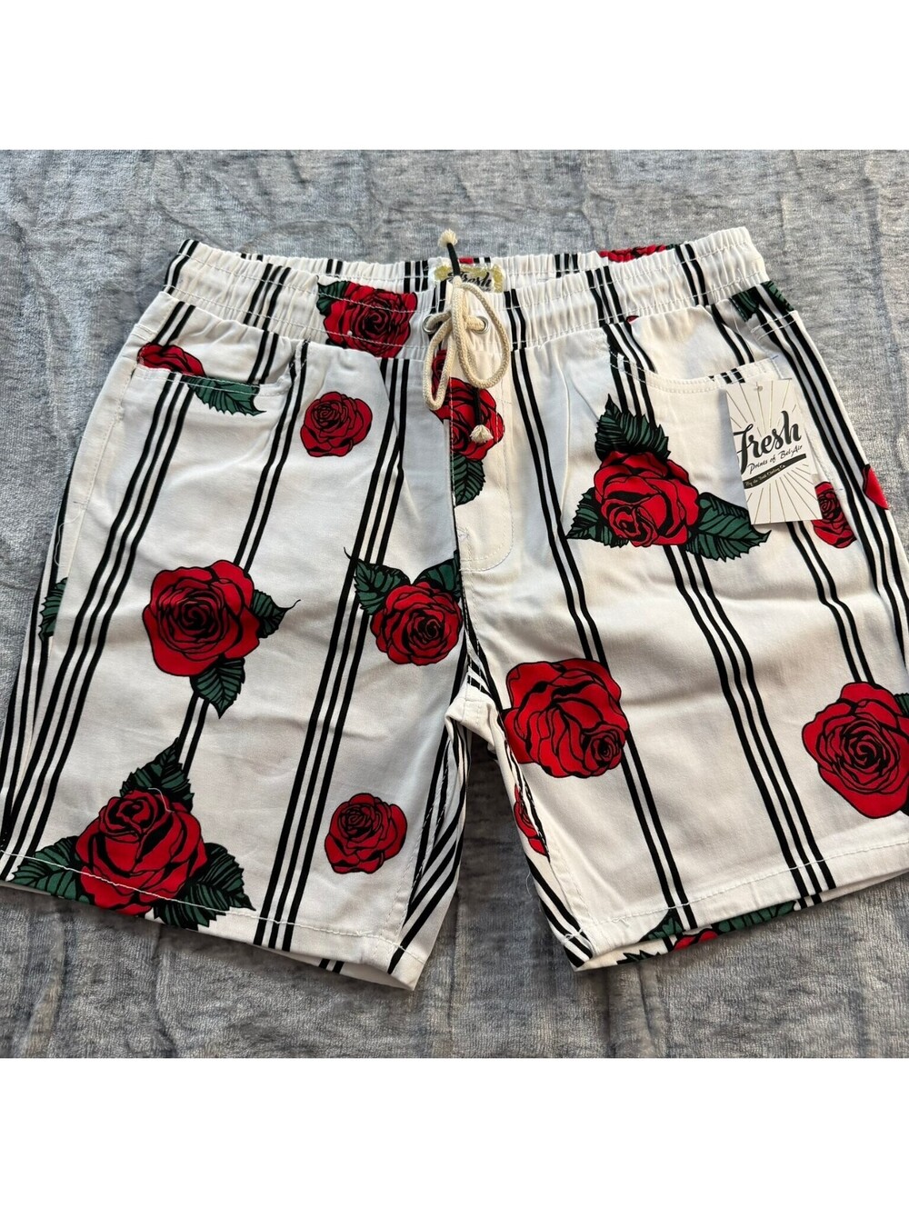 Fresh Prints of Bel-Air Shorts Men's White Large Rose Stripe Cotton Stretch